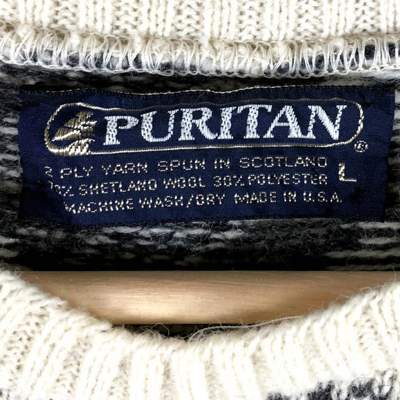 𝅺vintage Puritan Sweater Cream Gray Print Shetland Wool Blend Knit Size Large - Picture 6 of 11